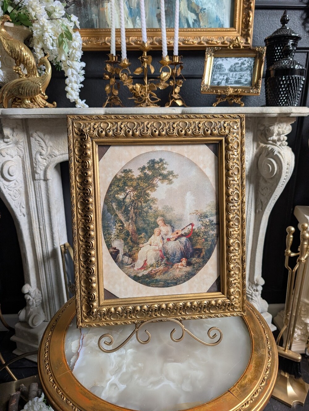 Vintage Gold Ornate Grand Frame w/ VTG Victorian Style Fine Print Art Wall Decor